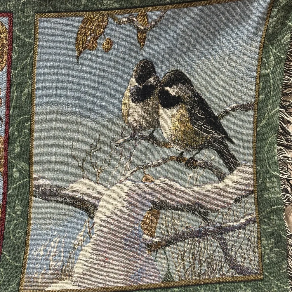 Blanket‎ Throw Song Bird Tapestry Fringe Cardinal Robin Chickadee Finch Seasons